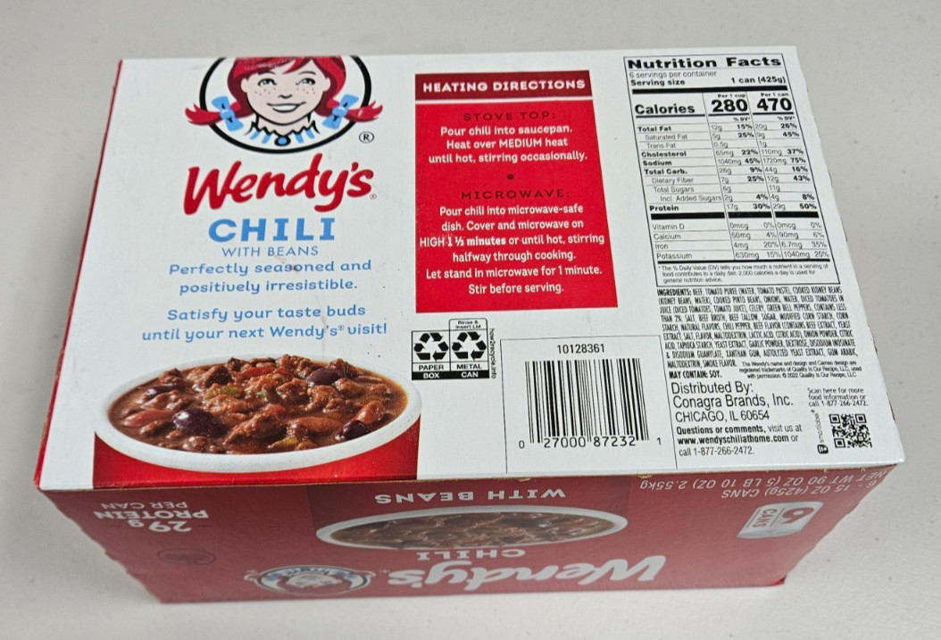 Wendy’s Chili with Beans 15oz Cans 6 Pack Ready-to-Eat Hearty Meal Exp 07/2027
