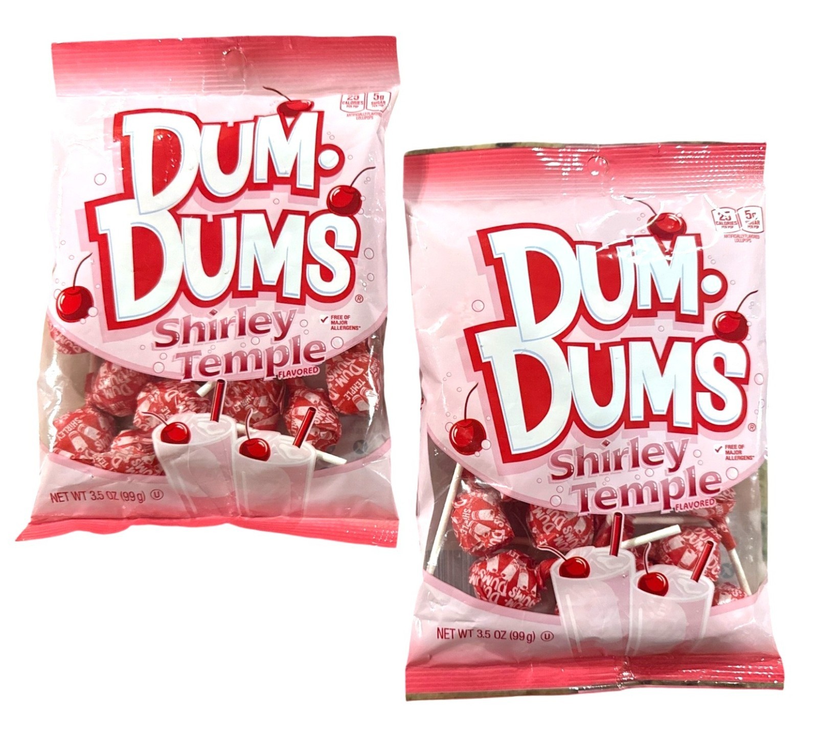 2pc Dum-Dums Shirley Temple Flavored Lollipops 3.5 Oz Bags Cherry Indv Wrap Pops