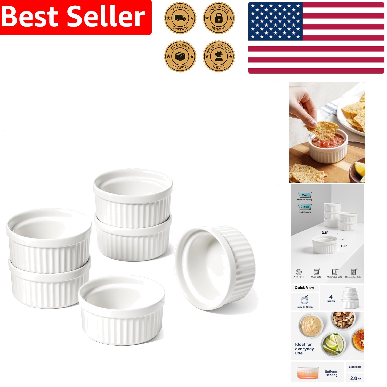 Sauce Cups 2 OZ White Ceramic Dipping Bowls Set 6 Oven Microwave Safe