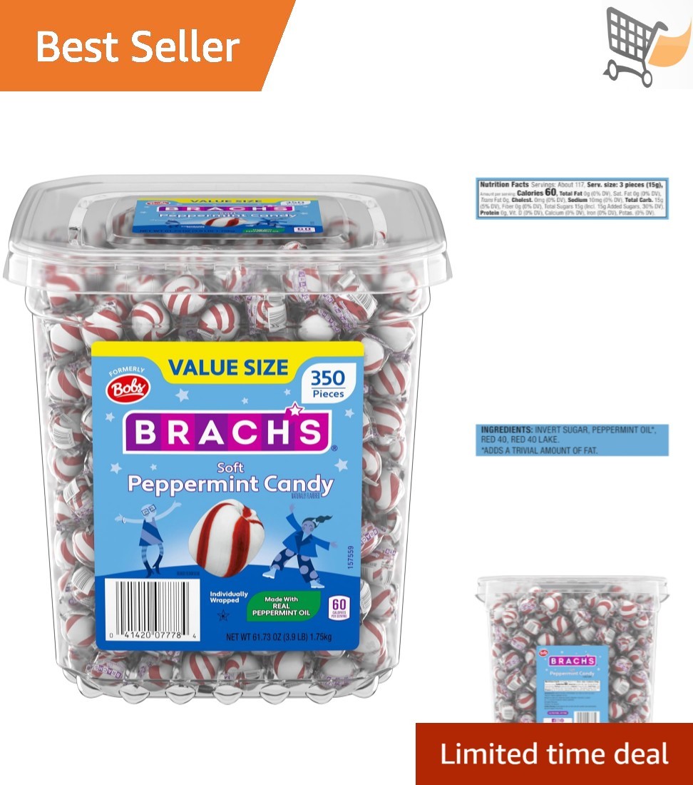 Peppermint Candy Tub 3.9 lb 350 Pieces Individually Wrapped Soft Mints Treats