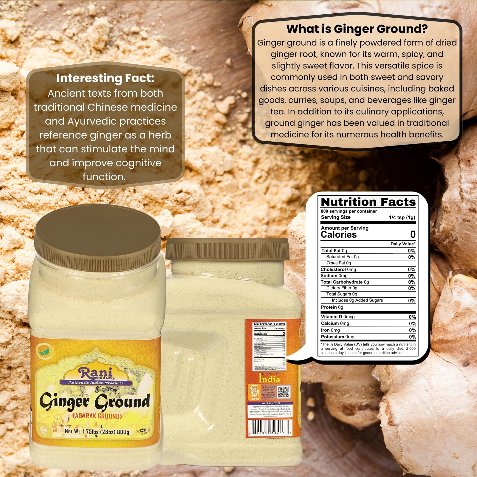 Rani Ginger (Adarak) Powder Ground, Spice 28oz (1.75lbs) 800g PET Jar