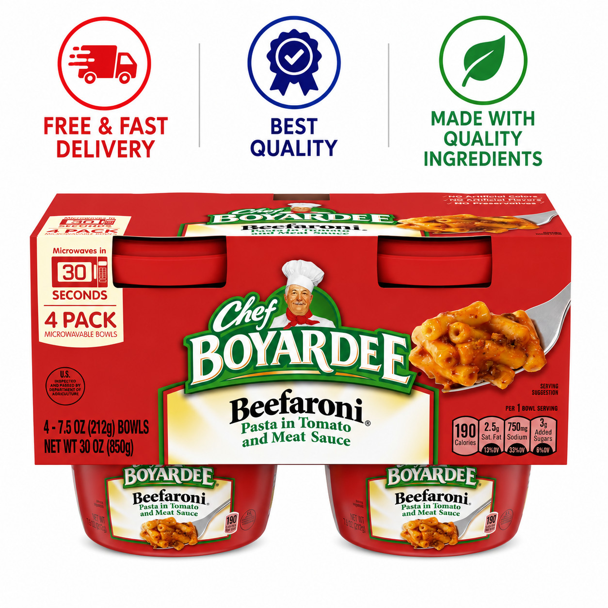Chef Boyardee Beefaroni 7.5 oz Bowls 4 Count Microwavable Meal