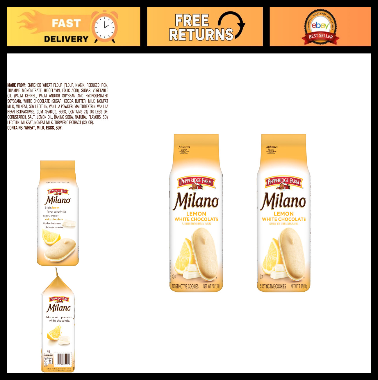 Lemon White Chocolate Milano Cookies – 7 Oz Bag, Pack of 2 – Gourmet Treats