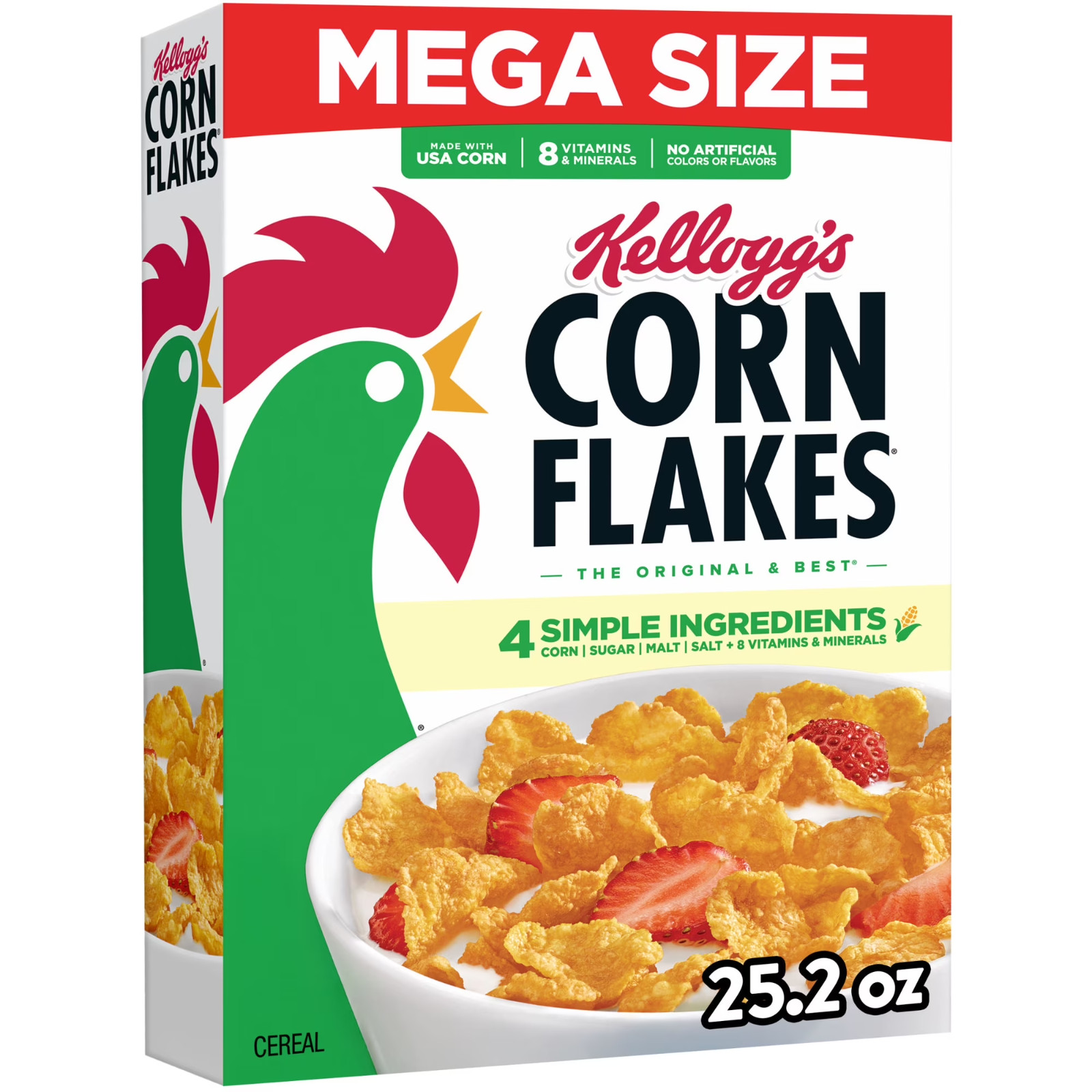 Kellogg’s Corn Flakes Breakfast Cereal, 8 Vitamins and Minerals, Mega Size, 25.2