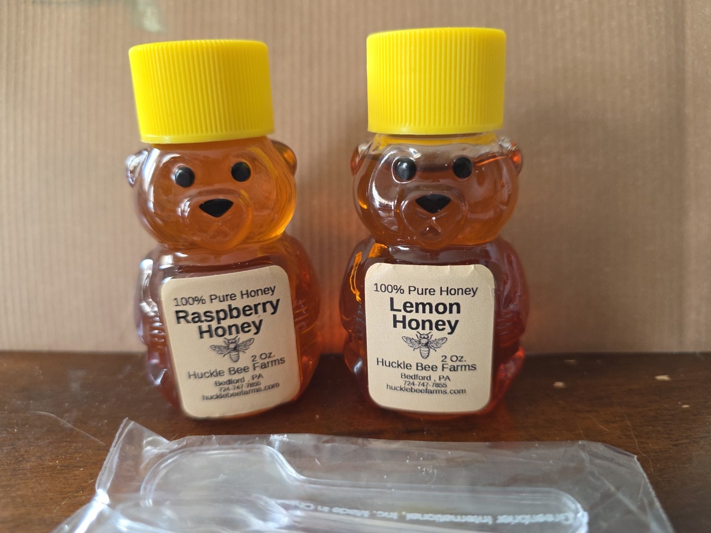 Huckbee Farms 100% Pure Honey Bear Raspberry & Lemon 2oz Each With Spoons