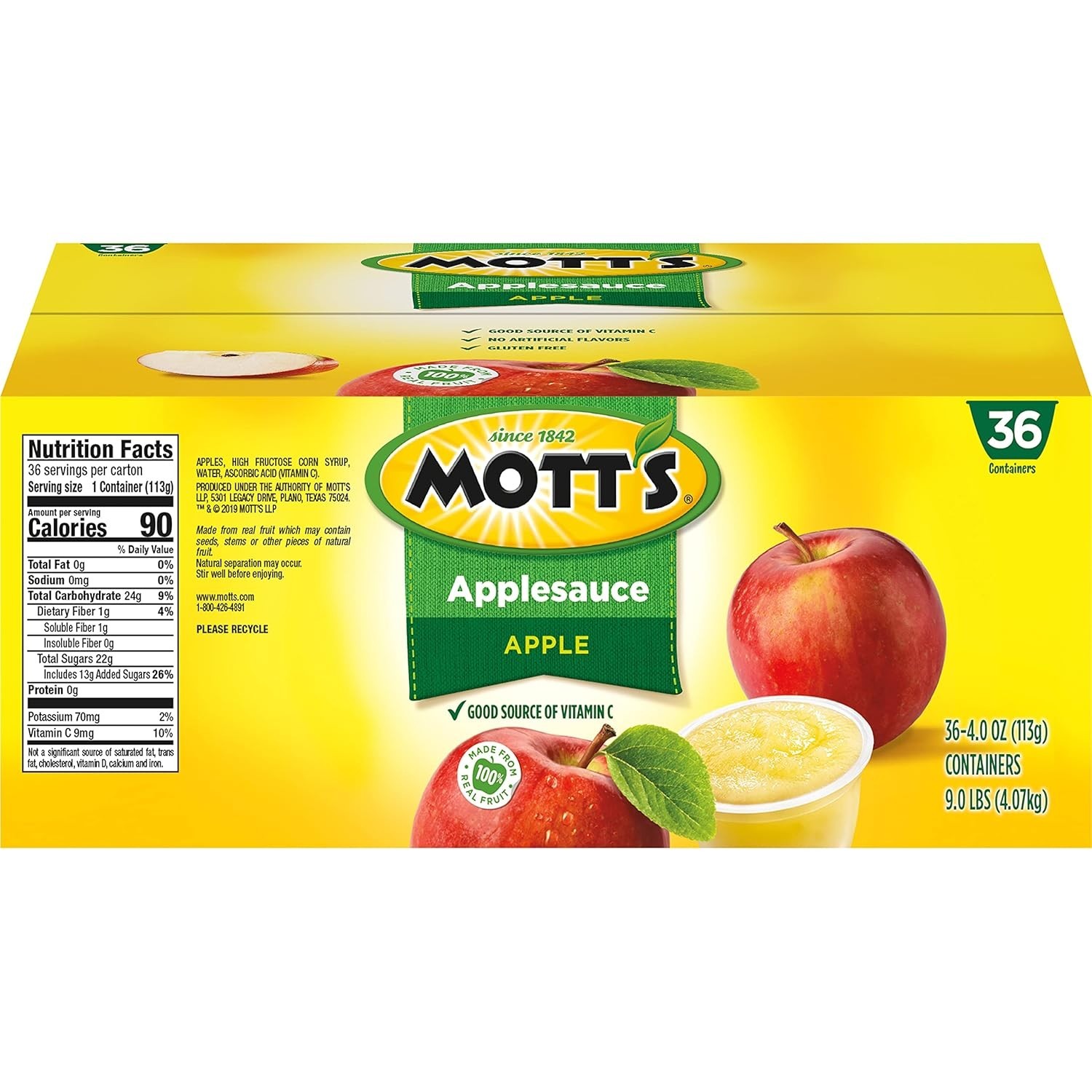 Applesauce, 4 Oz Cups, 36 Count, No Artificial Flavors, Good Source of Vitamin C