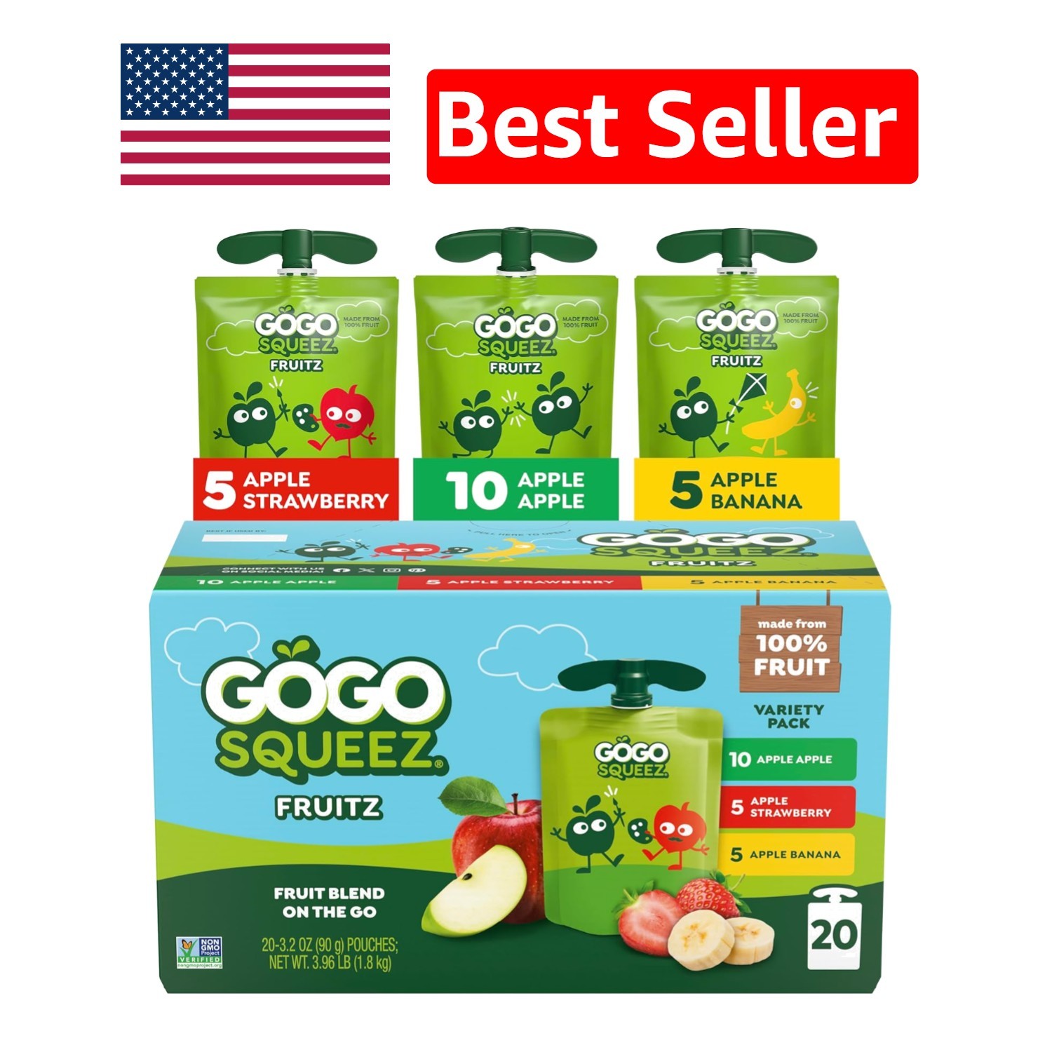 Gluten-Free No Sugar Added Applesauce Pouches – Nut-Free Snack Pack of 20