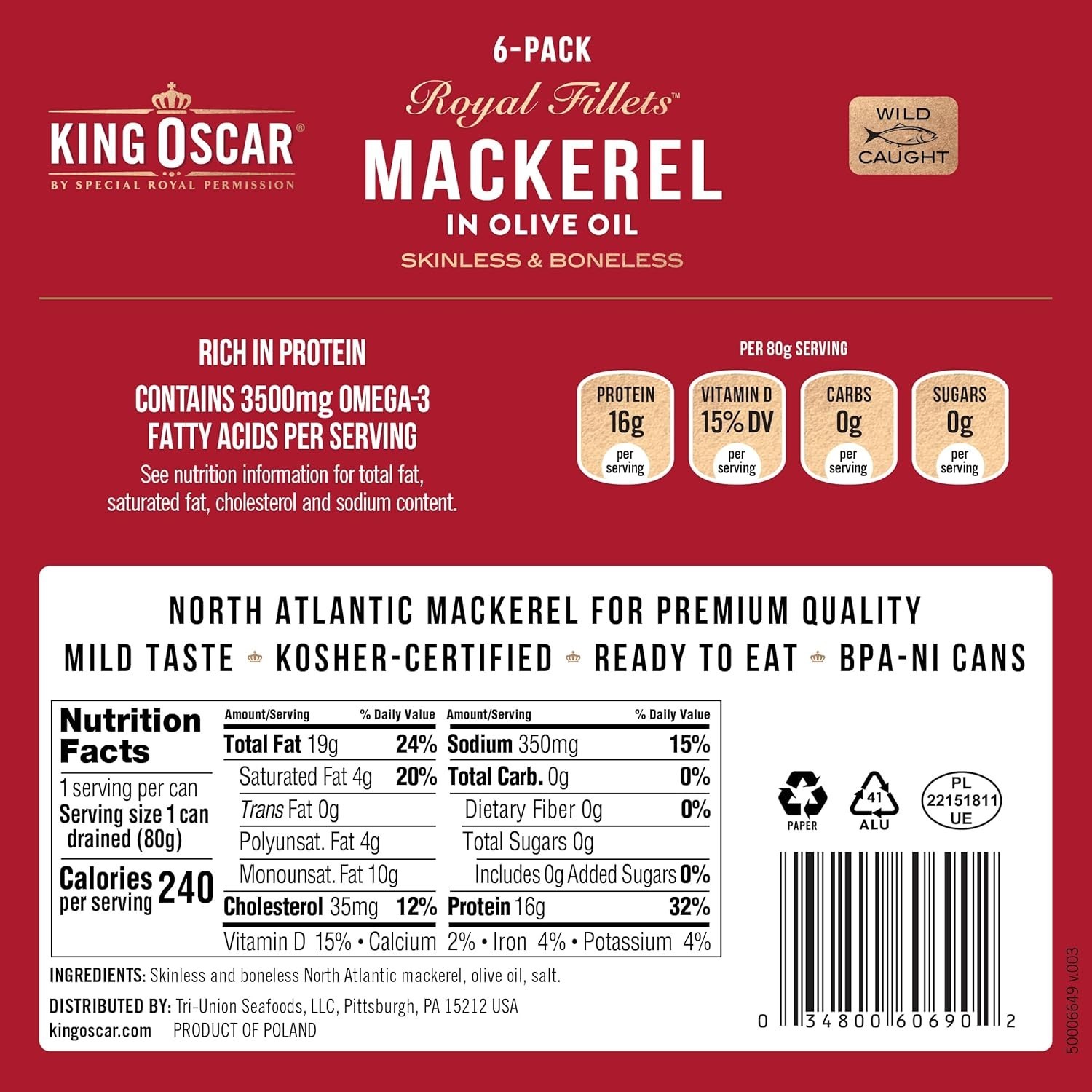Delicious Skinless Mackerel in Olive Oil, 6-Pack Cans – Omega-3 Rich Nutrition