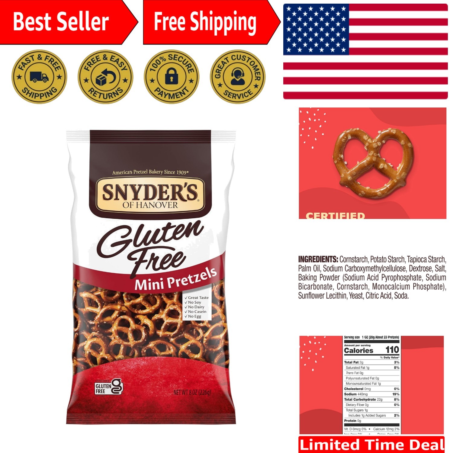 Snyder’s Gluten-Free Mini Pretzels, 8 Oz – Delicious Low-Fat Snack for All