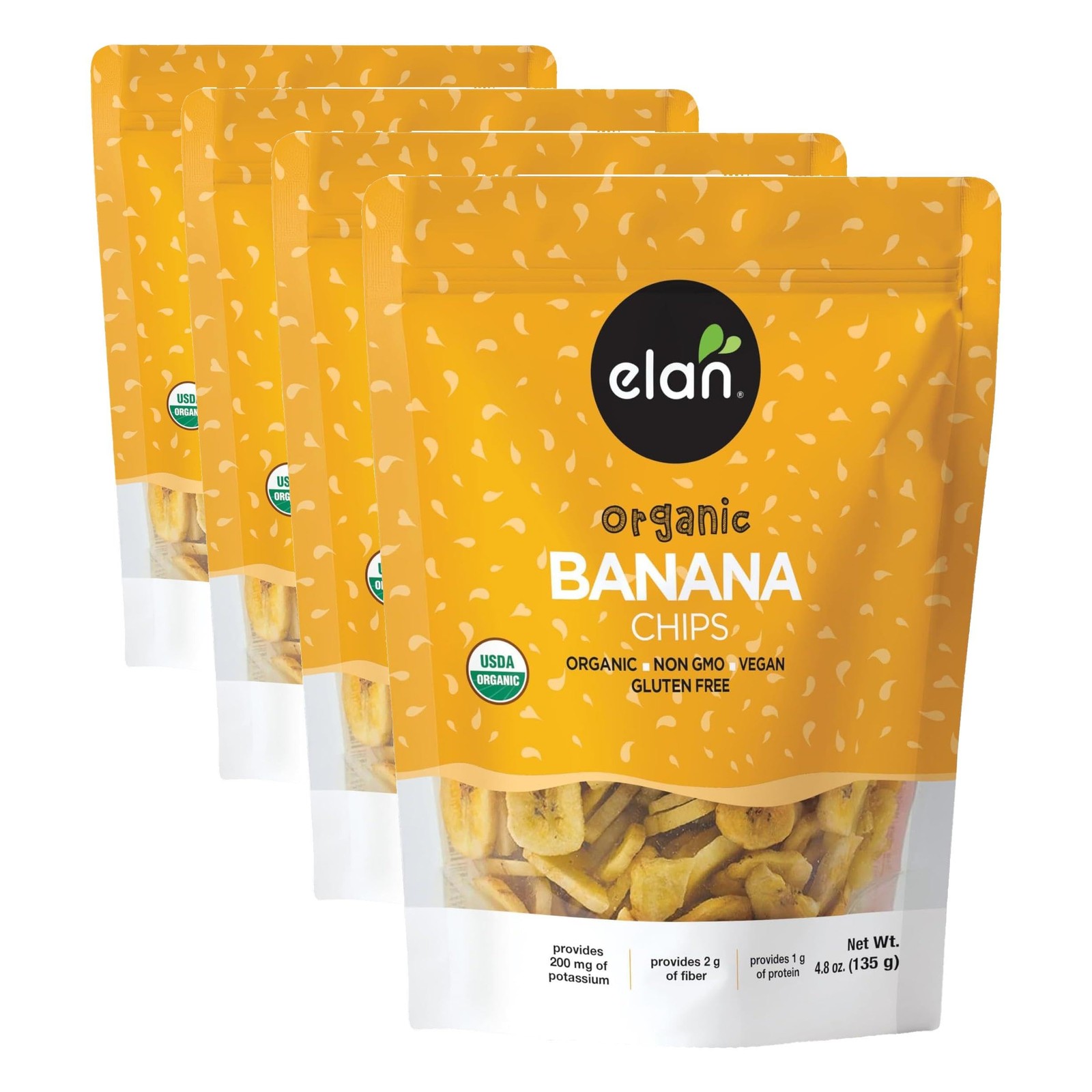 Elan Organic Banana Chips, 4.8 oz, Non-GMO, Vegan, Pack of 4