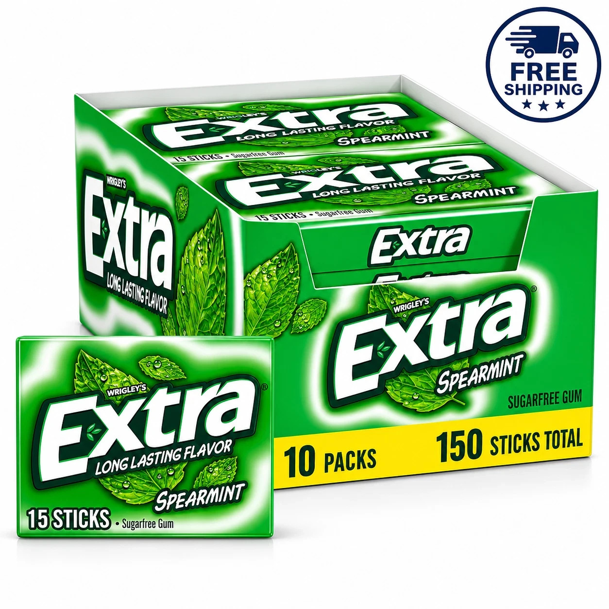 Extra Gum Spearmint Sugarfree Gum Bulk, Individually Wrapped,15 Count, 10 Pack
