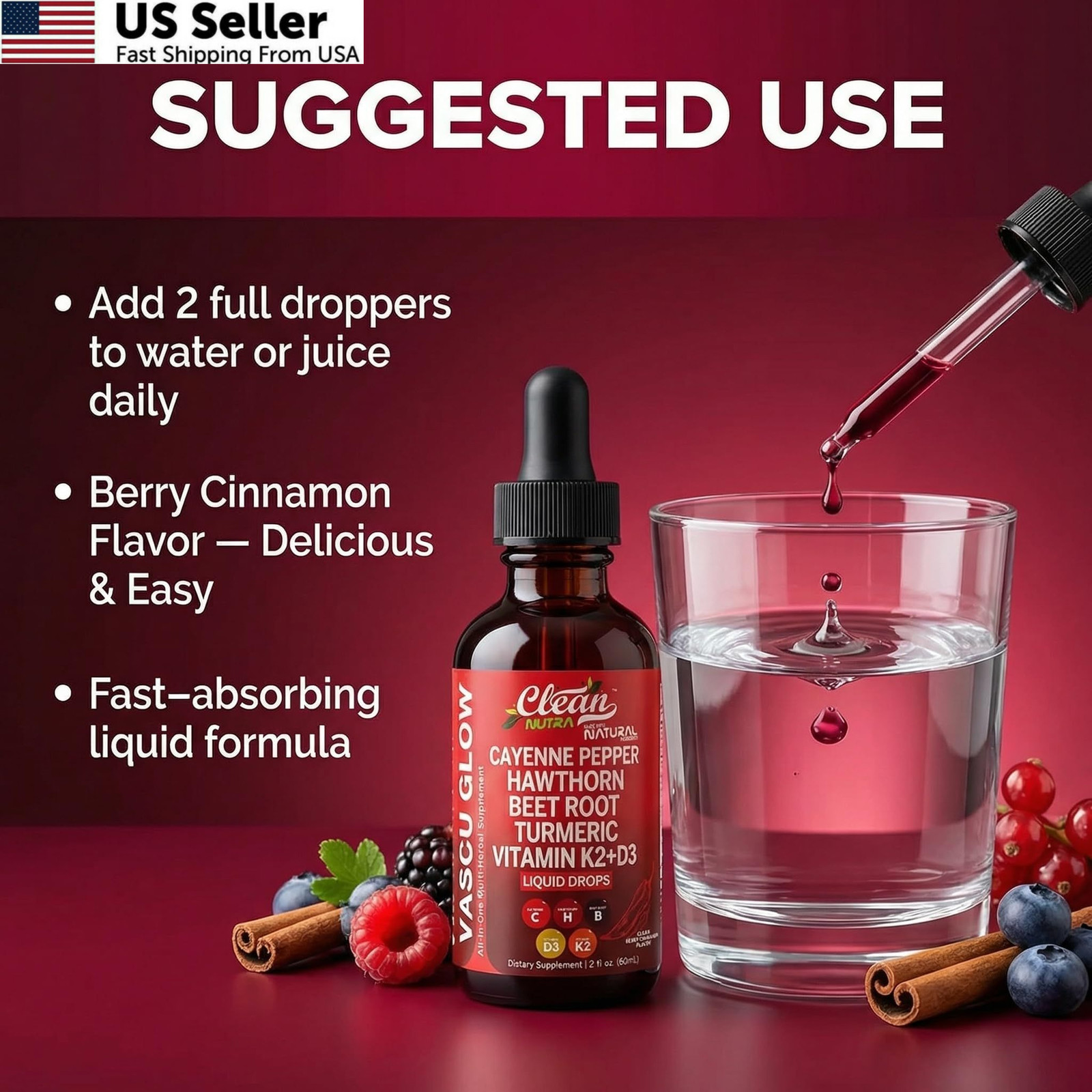 Cayenne Pepper Drops Supplement + Hawthorn Berry Beet Root Vitamin D3 K2 USA