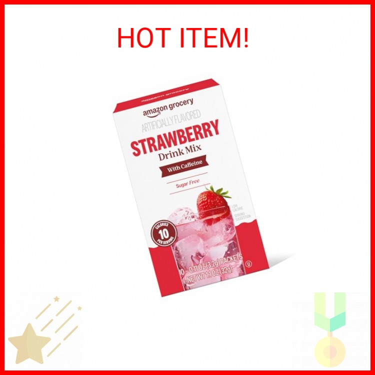 Amazon Grocery, Strawberry Drink Mix with Caffeine, 10 packets, 1.1 Oz (Previous