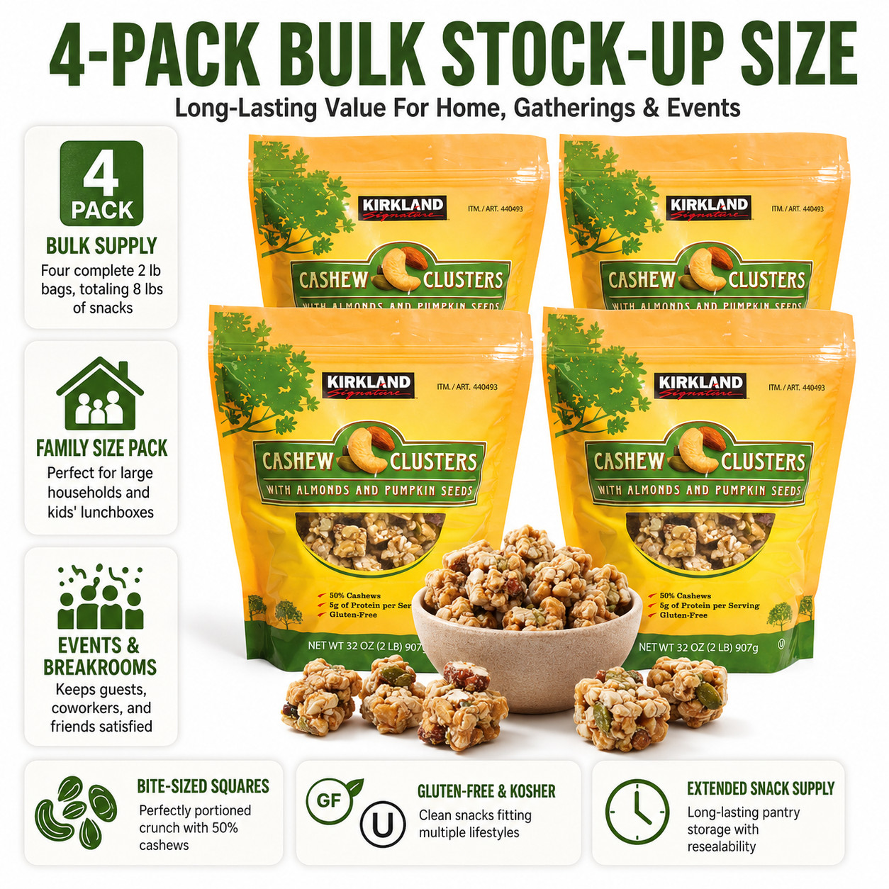 4 Pack Kirkland Signature Cashew Clusters, 2 lbs