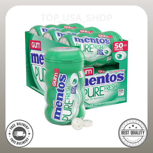 Mentos Pure Fresh Sugar Free Gum, Spearmint, 50 Piece Bottle, Pack of 6