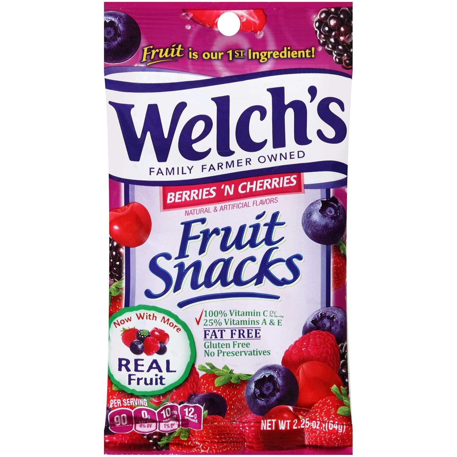 Welch’s Fruit Snacks Berries ‘N Cherries, Real Fruit Juice, 2.25oz (Pack of 48)