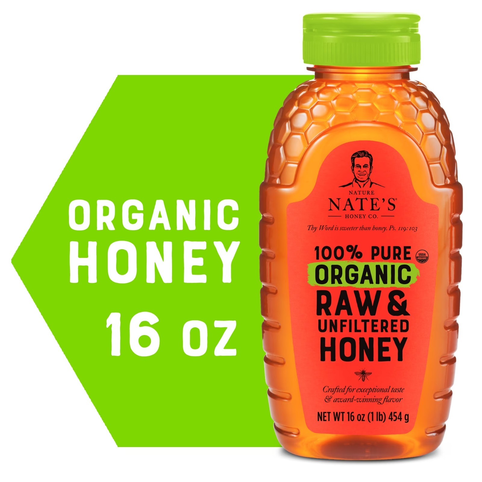 Nature Nate’s Organic Honey: 100% Pure, Raw and Unfiltered Honey – 16 fl oz Glut