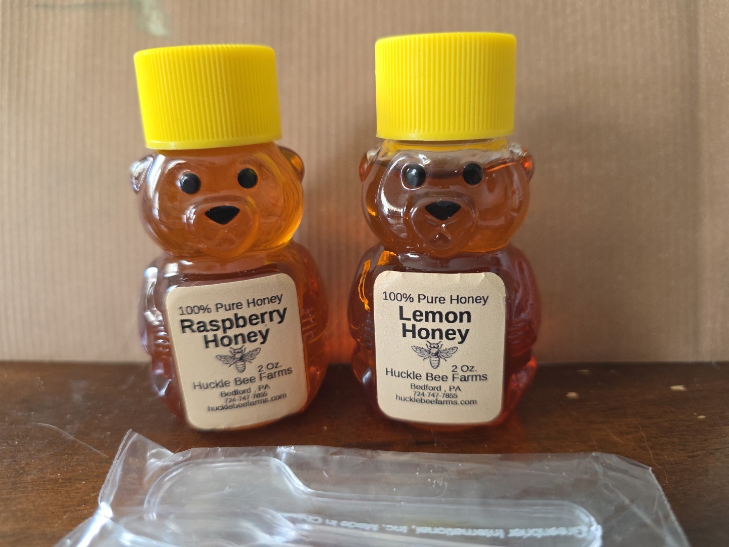 Huckbee Farms 100% Pure Honey Bear Raspberry & Lemon 2oz Each With Spoons