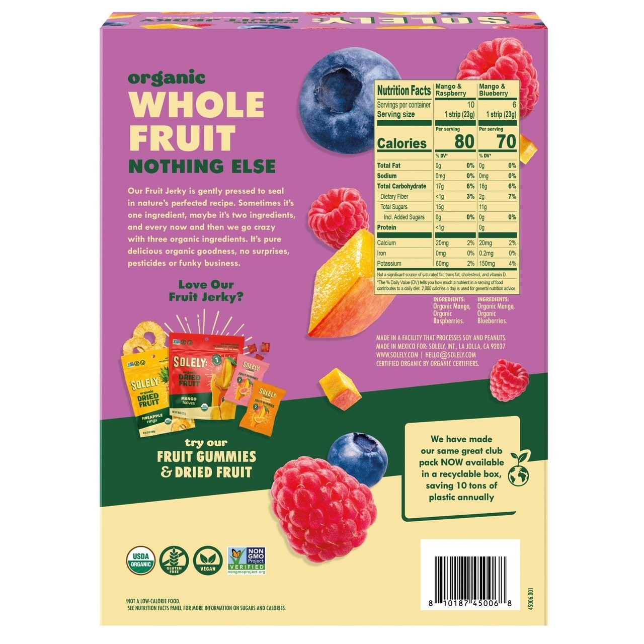 Solely Organic Fruit Jerky Snack Bars Variety Pack 0.8 oz 16 Count New