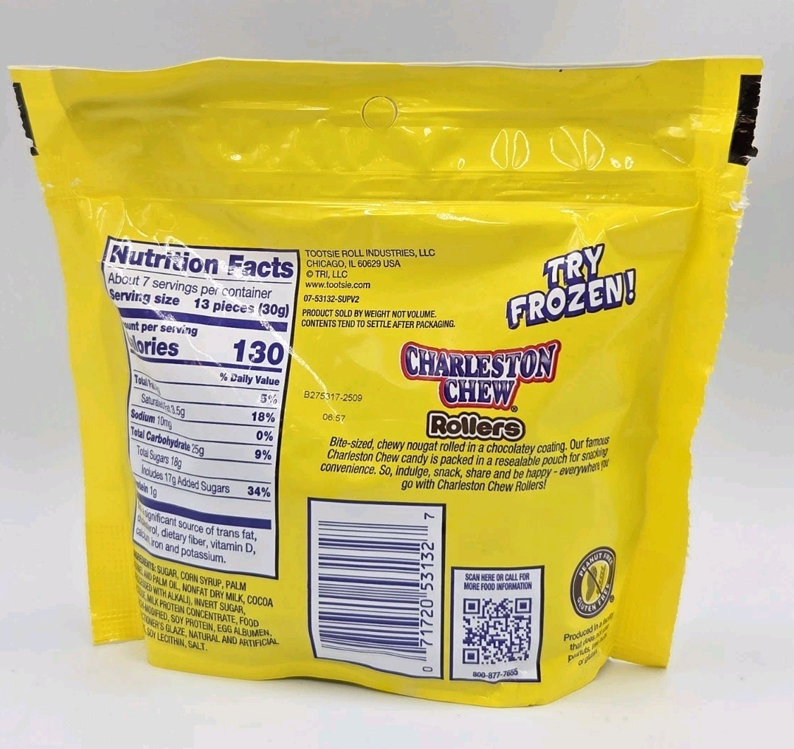 Charleston Chew Rollers Vanilla Snack 7.6 Oz Chewy Nougat Resealable Bag