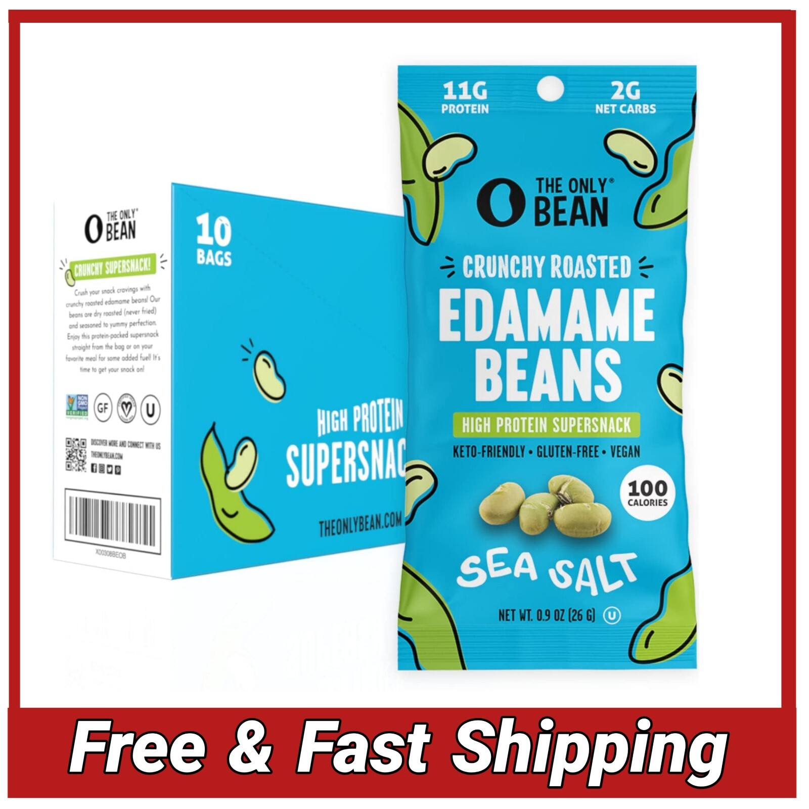 The Only Bean Crunchy Roasted Edamame Snacks, Sea Salt, 10-Pack, 0.9oz