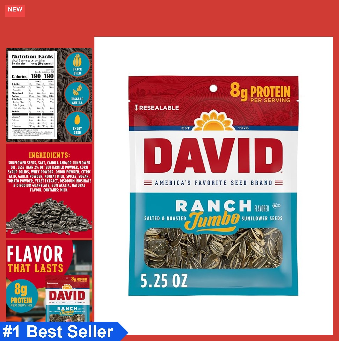 Jumbo Sunflower Seeds Ranch Flavor 5.25 oz Bag Salted Roasted Keto Snack
