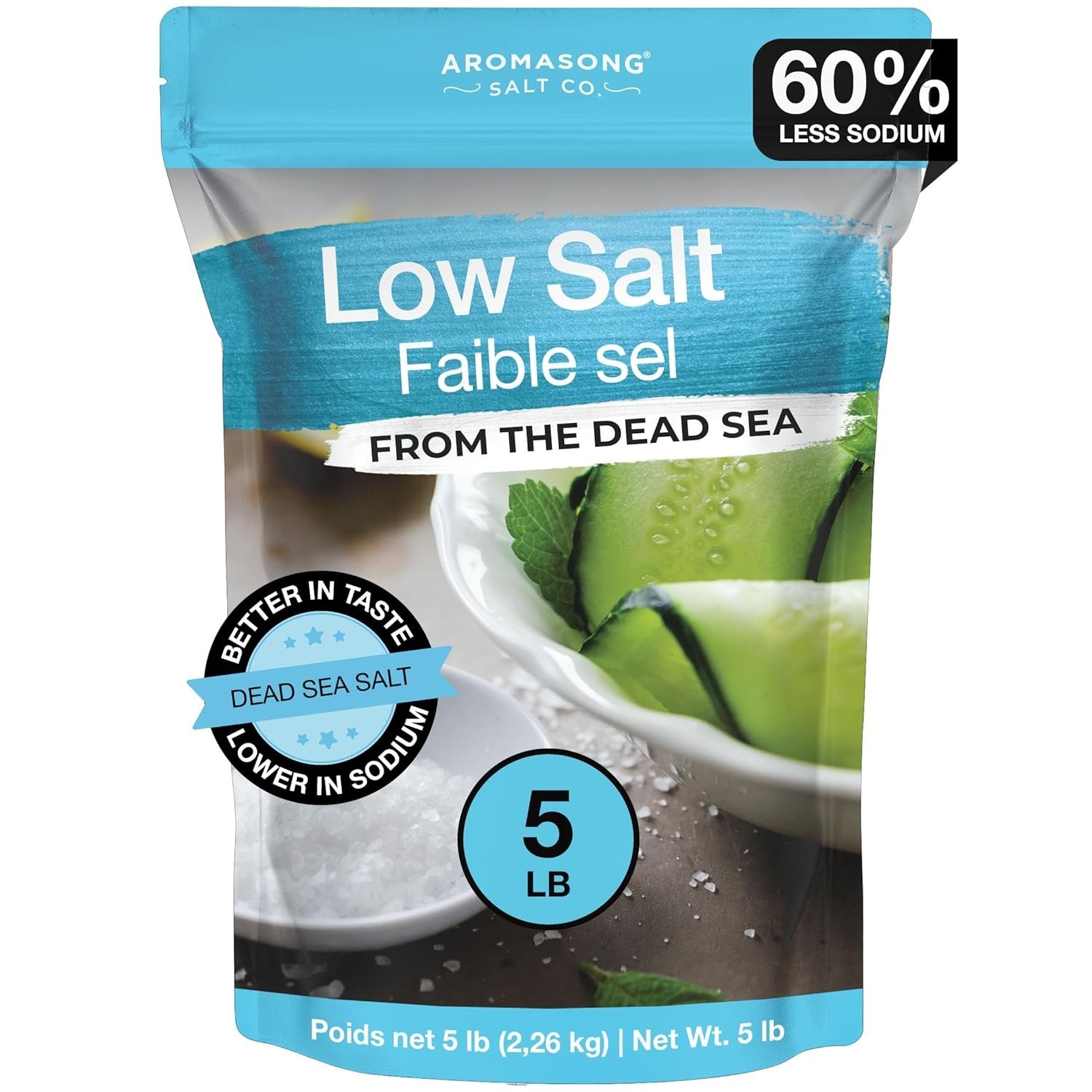 Natural Low Sodium Sea Salt – 100% Kosher, 60% Less Sodium, Bulk 5 Lb Bag