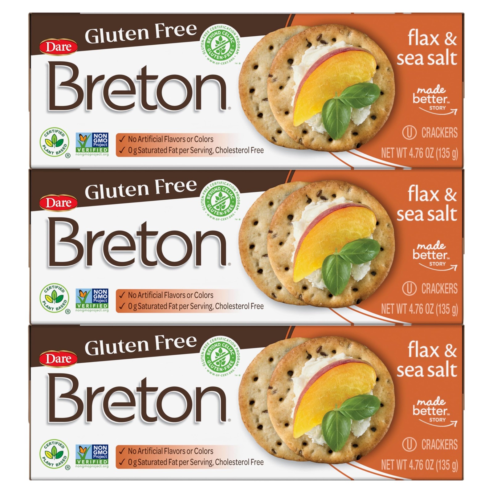 Breton Gluten Free Flax & Sea Salt Crackers (Pack 7 Ounce of 3), Beige