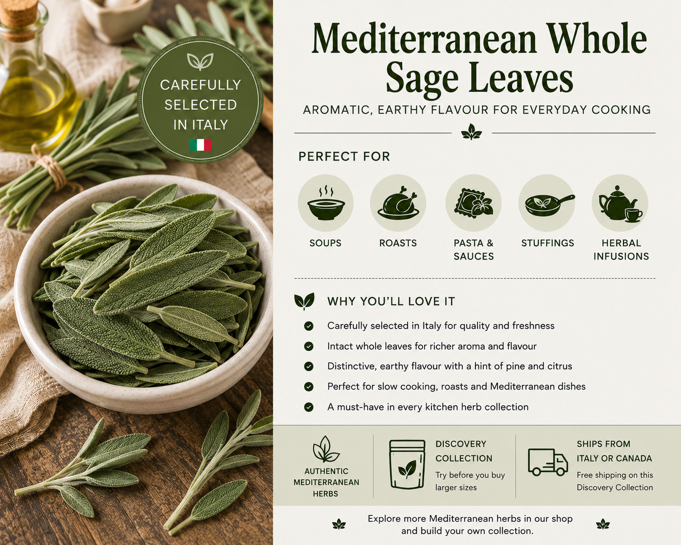 Organic Whole Sage Leaves | Premium Italian Herb | Mediterranean Roots