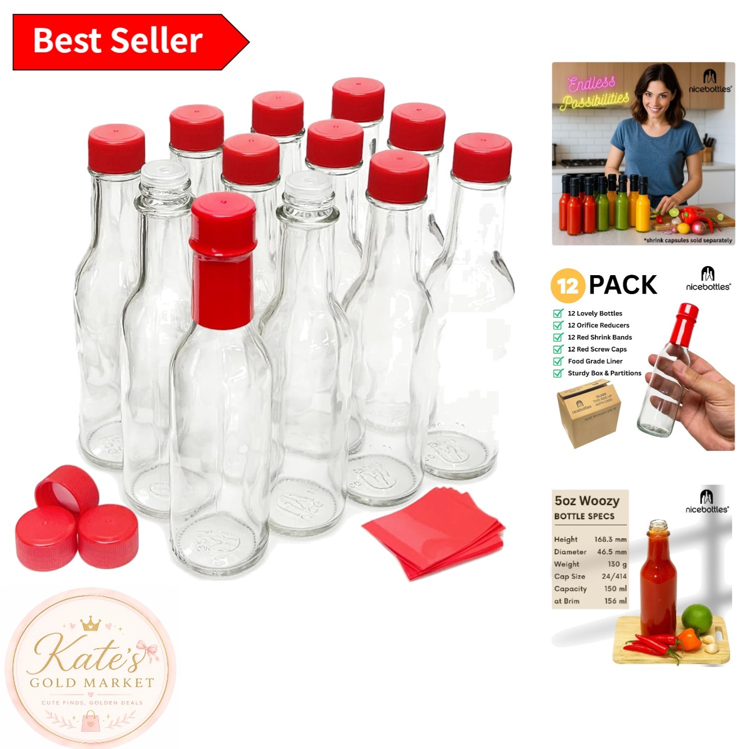 Reusable 5 Oz Clear Glass Hot Sauce Bottles with Caps – 12 Pack for Home Chefs