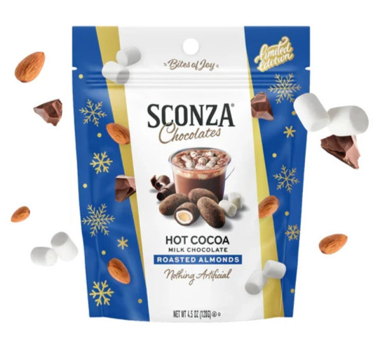 Sconza 4.5 oz. HOT COCOA Milk Chocolate Covered Roasted Almonds ** BB 8/2026 **