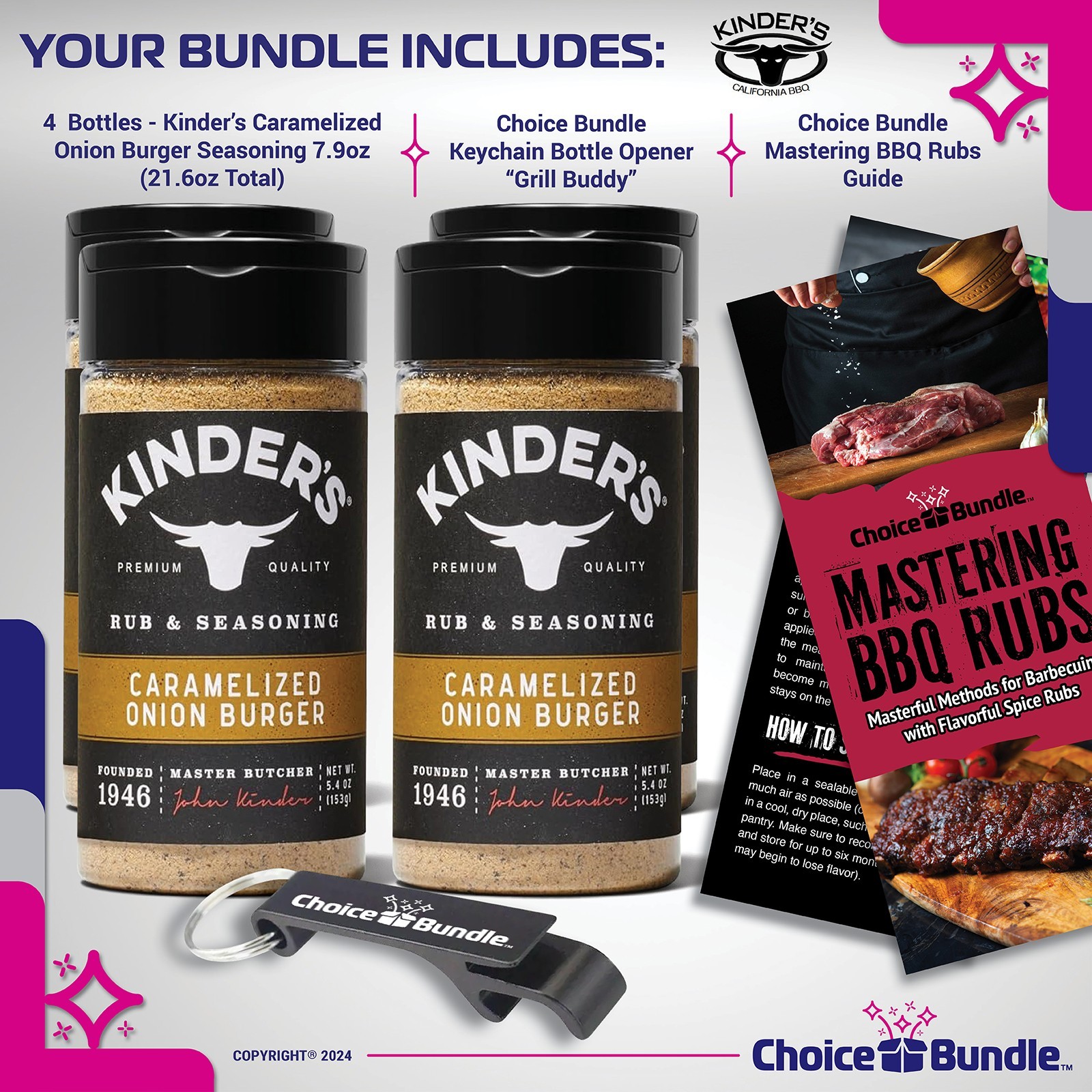 Kinder’s Caramelized Onion Burger BBQ Seasoning Rub 5.4 oz 4 PK + Guide & Opener