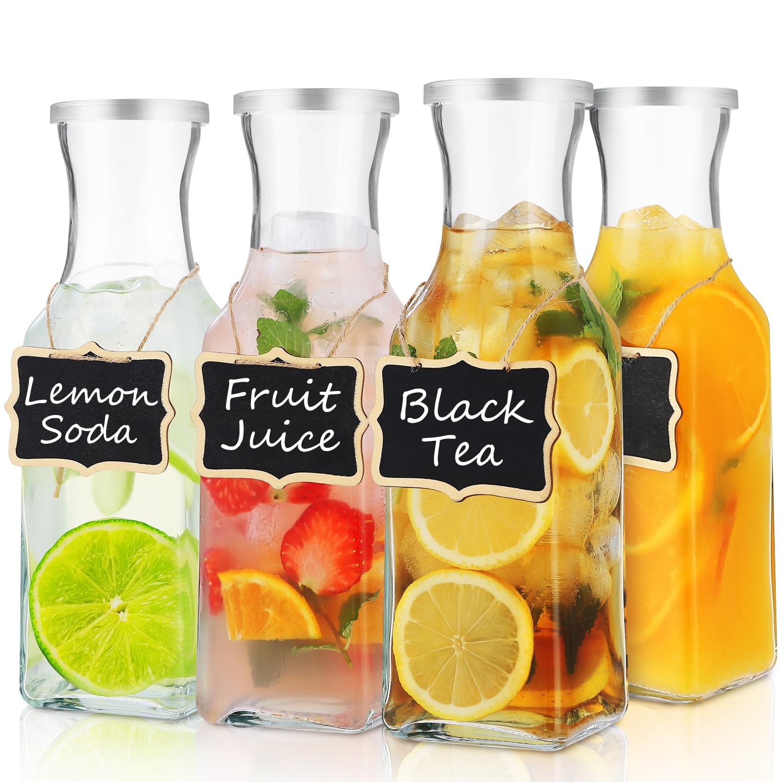 Glass Carafe with Lid, 4Pcs Square Glass Juice Containers 1 Liter Clear BPA Free