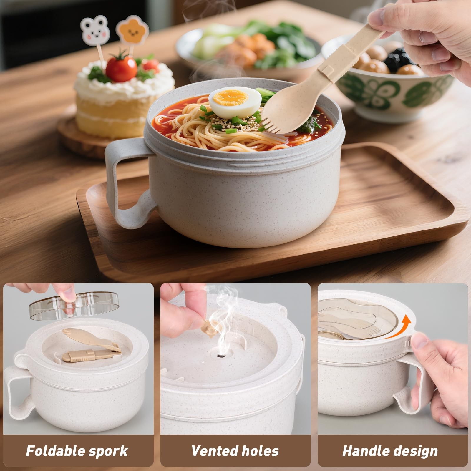 OZY Microwave Bowl Set with Lids and Handles,Ramen Noodles Cup Mug M, 1Beige