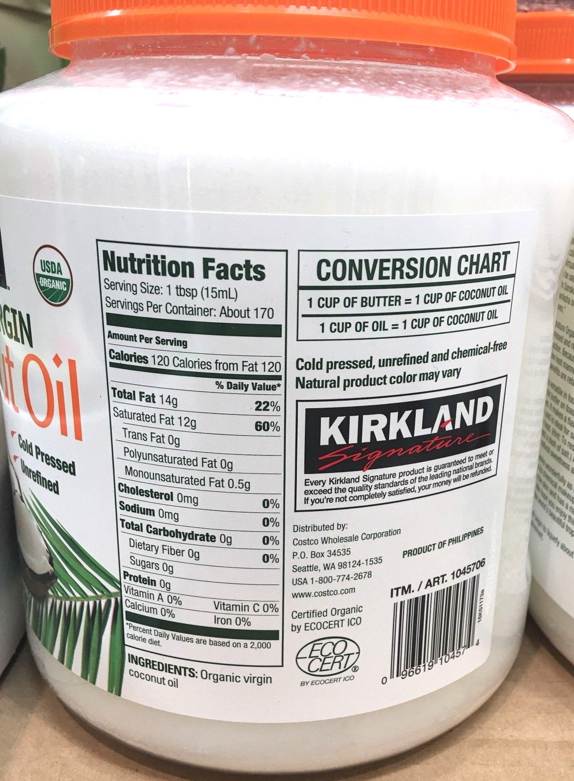 2 x Kirkland Organic Virgin Coconut Oil Cold Pressed Unrefined 2.48L (84 FL OZ)