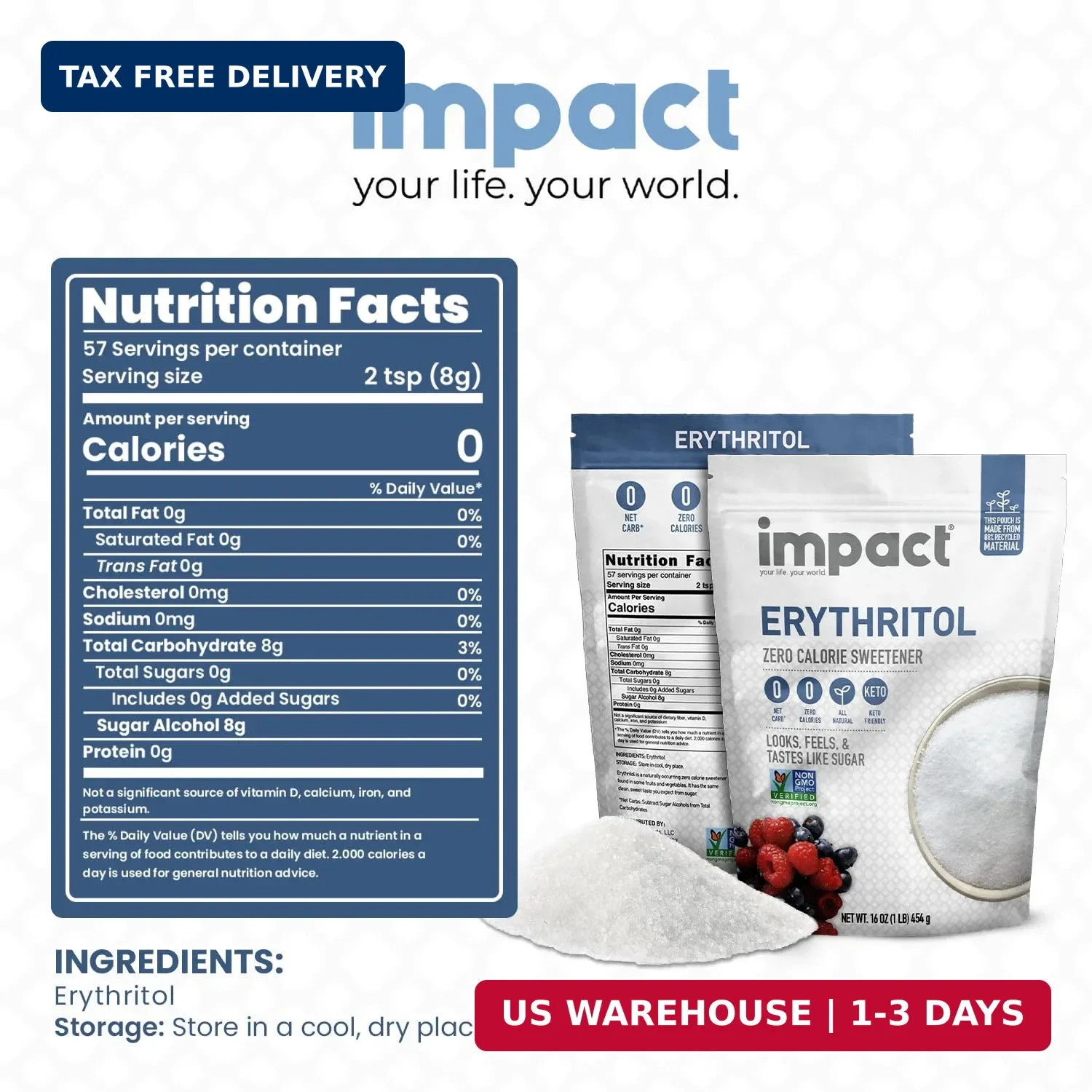 Impact – Erythritol Granular Sweetener – Zero Calorie, Low Carb & Plant-Based, L