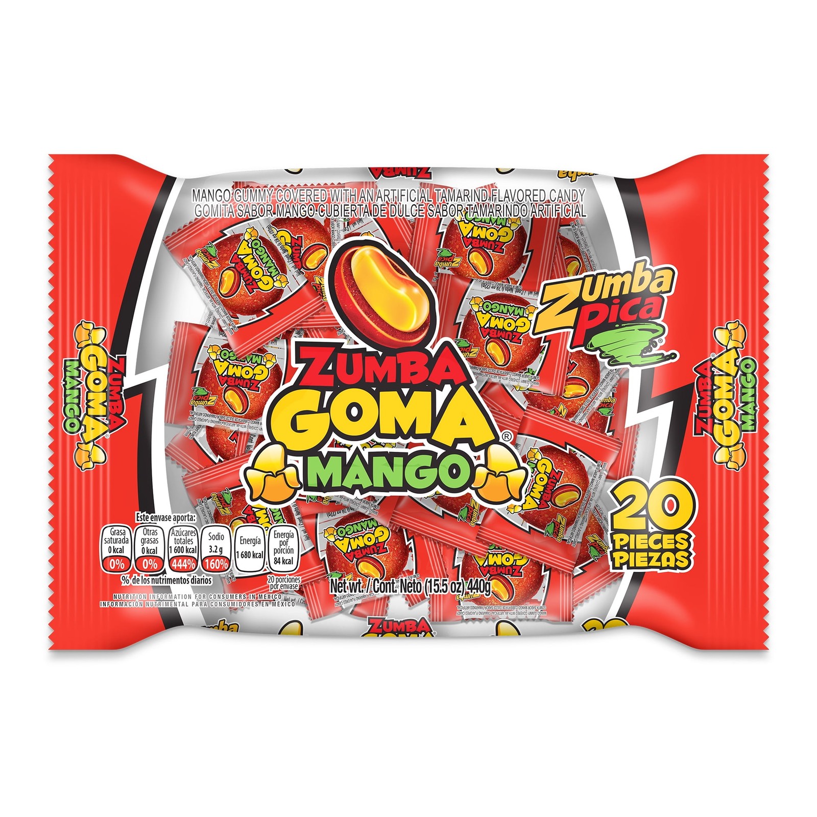 Zumba Pica Goma Mix Gummy Candy Mexican Tamarind & Mango Candy 20 Count