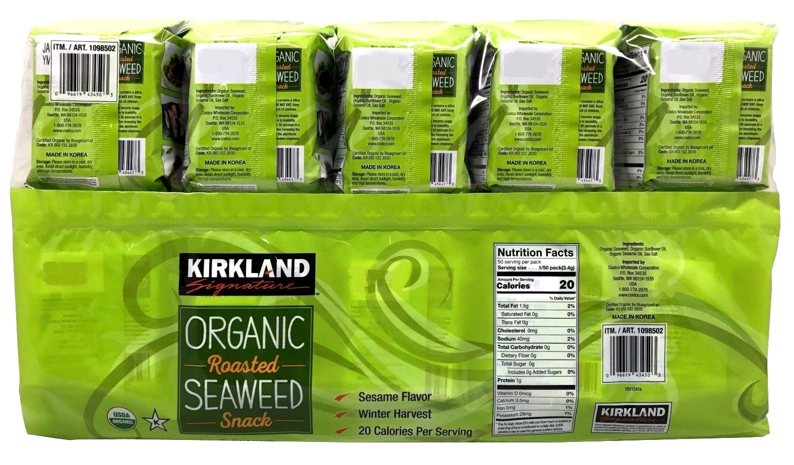 2 Packs Kirkland Signature Organic Roasted Seaweed Snack 10*0.6 OZ Each = 20 ct