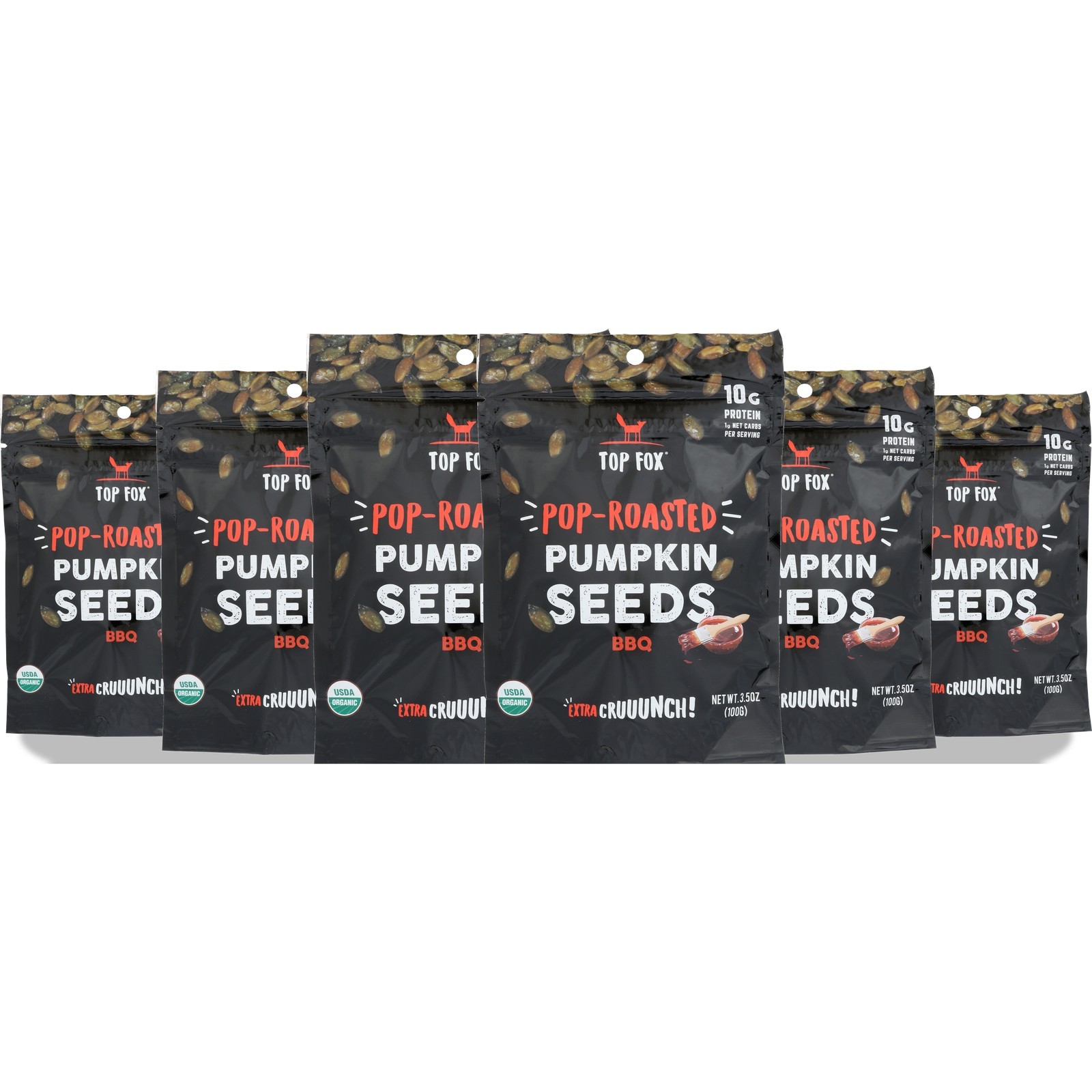 Top Fox Bbq Pop Roasted Pumpkin Seeds Organic Protein Snack 3.5 Oz 6 Pack