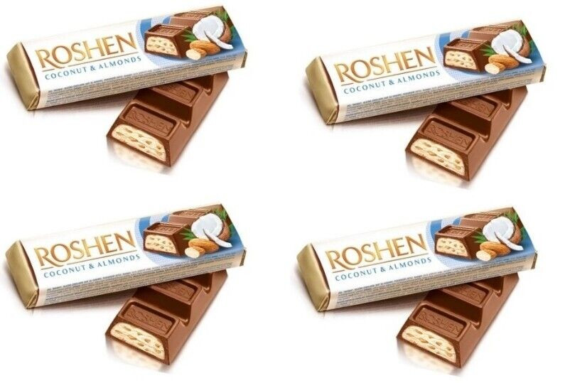 Set of 4 Bars Ukraine Roshen Milk Chocolate Coconut Almond Sweet Candy 38gx4pcs