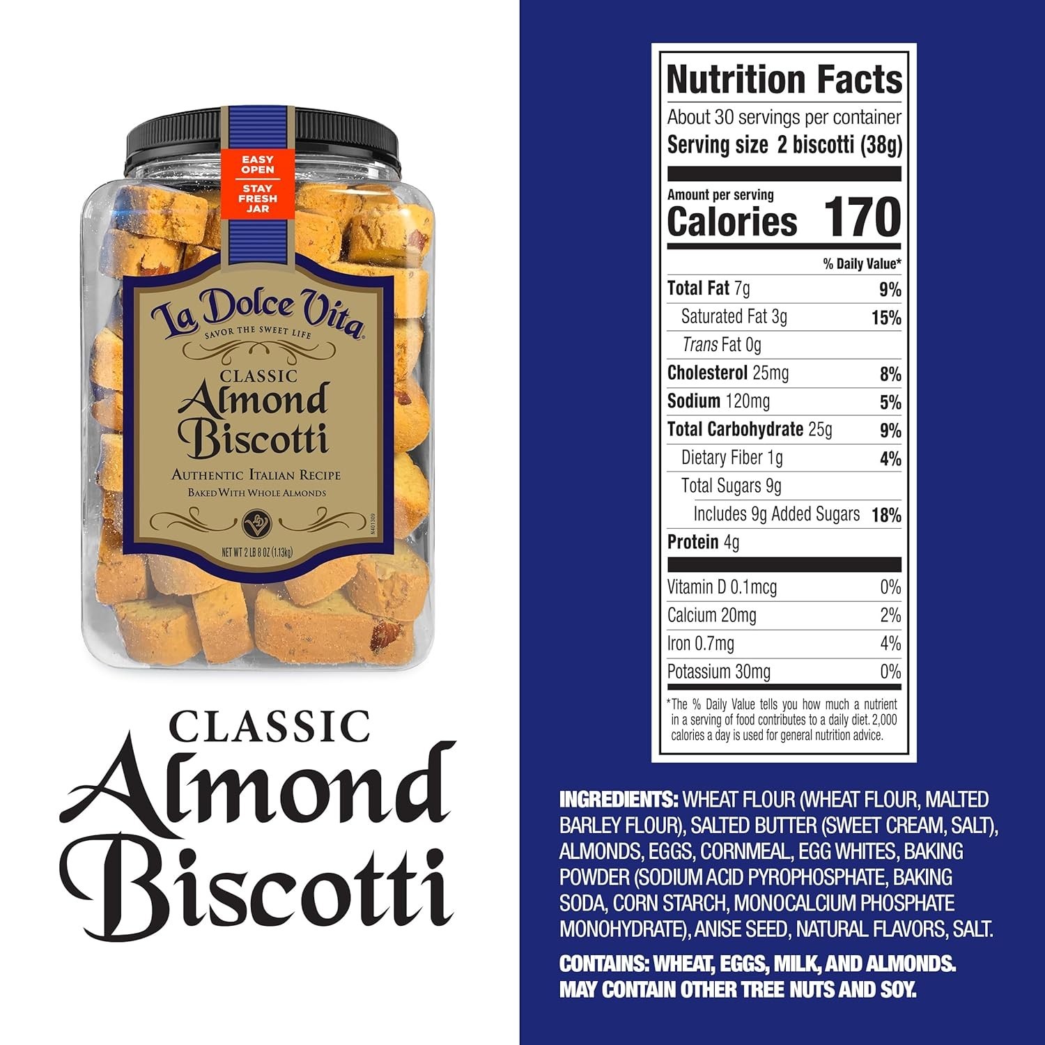 Authentic Italian Almond Biscotti – 40 oz. Jar, No Artificial Ingredients