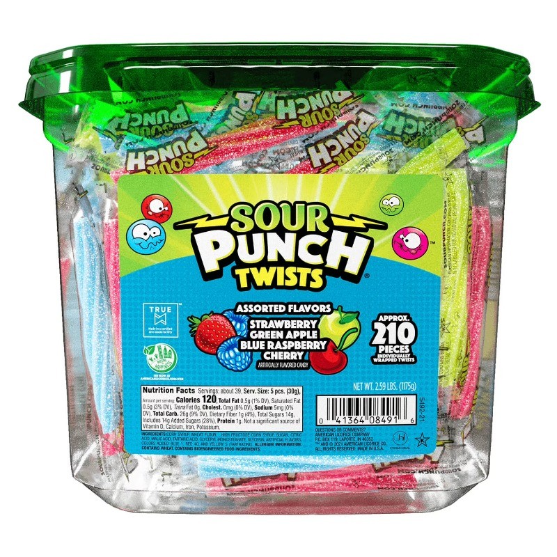 Sour Punch Twists, Assorted Flavors Chewy Candy, 210 Pieces, 2.59 lb Jar