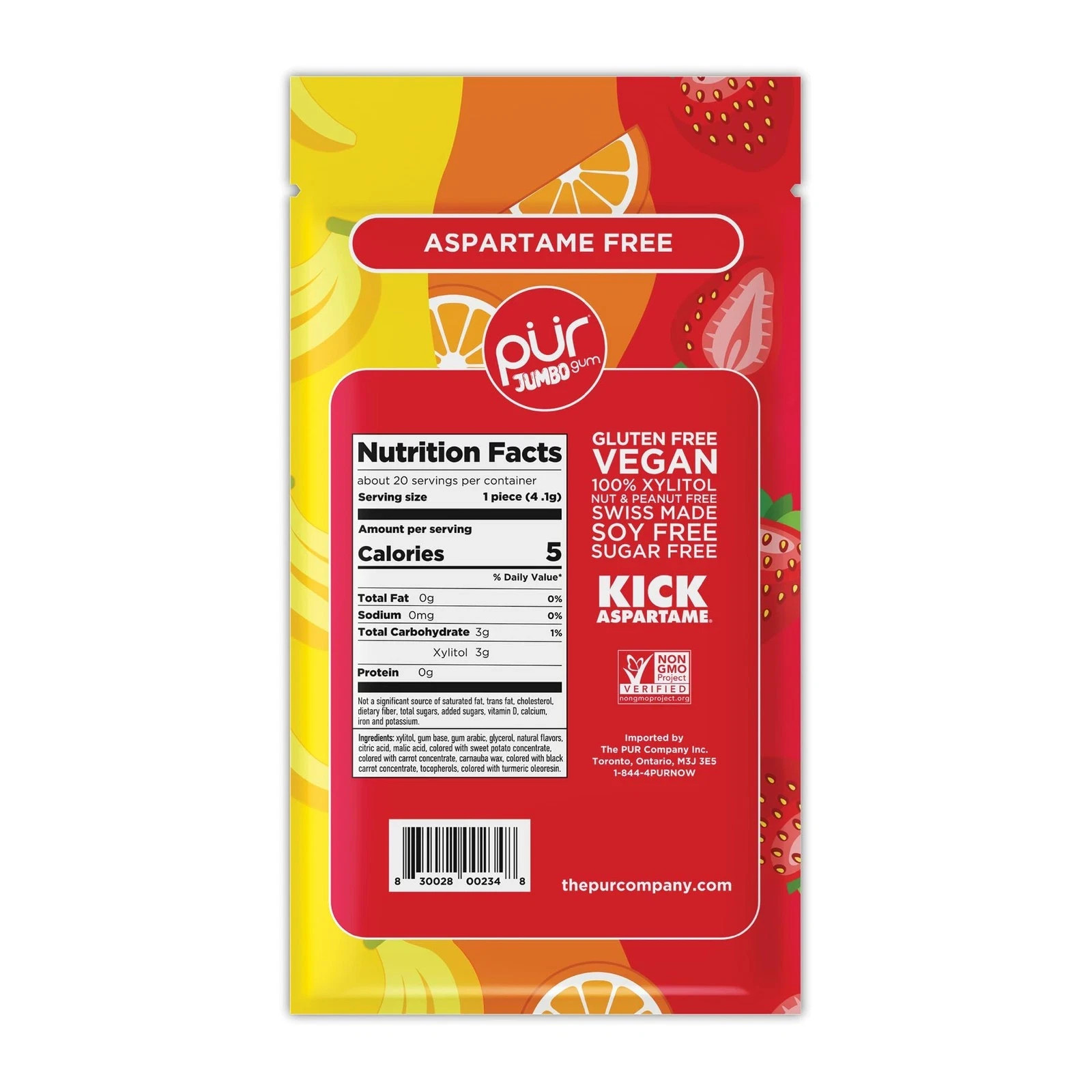PUR Jumbo Gum Strawberry Orange Banana 10 bags w/20 Pieces Exp. 7/27