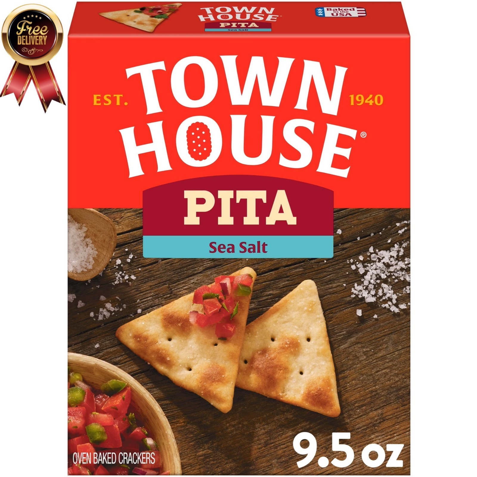 Town House Pita Sea Salt Oven-Baked Crackers, 9.5 oz Lunch Snacks