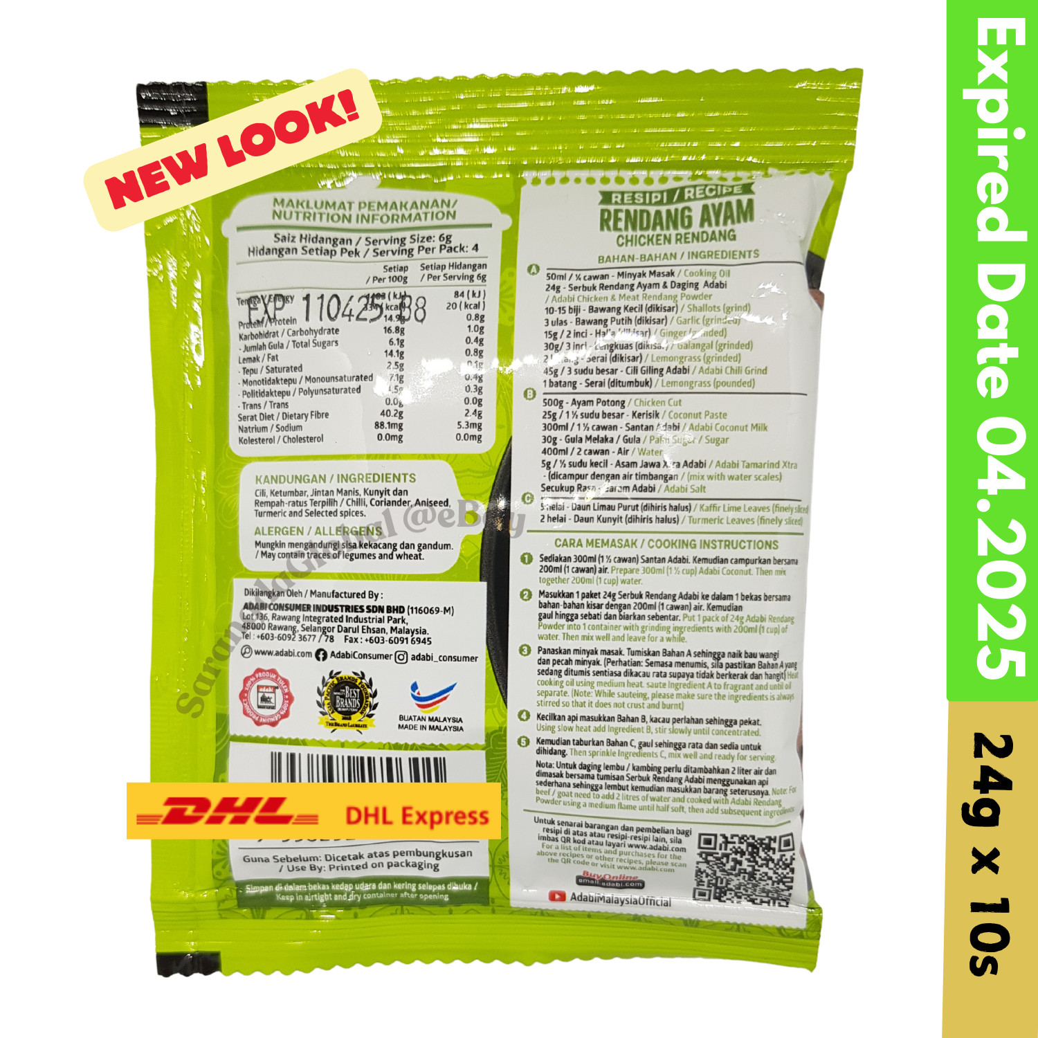 Adabi Chicken and Meat Rendang Powder 24 gm x 10 packs Fast Shipping Malaysia