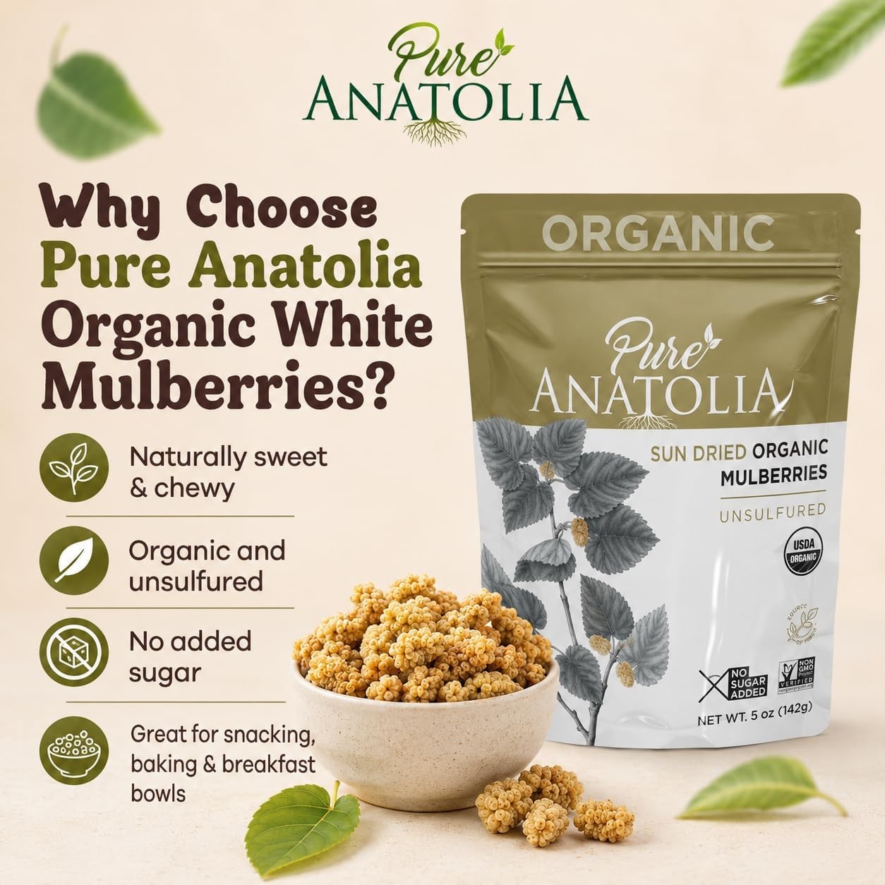 Pure Anatolia Organic Sun Dried Mulberries – Dried White Mulberries from Turkey