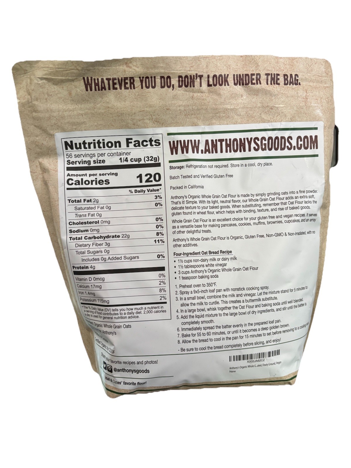 Anthony’S Organic Whole Grain Oat Flour, 4 Lb, Gluten Free, Non GMO, Non Irradia