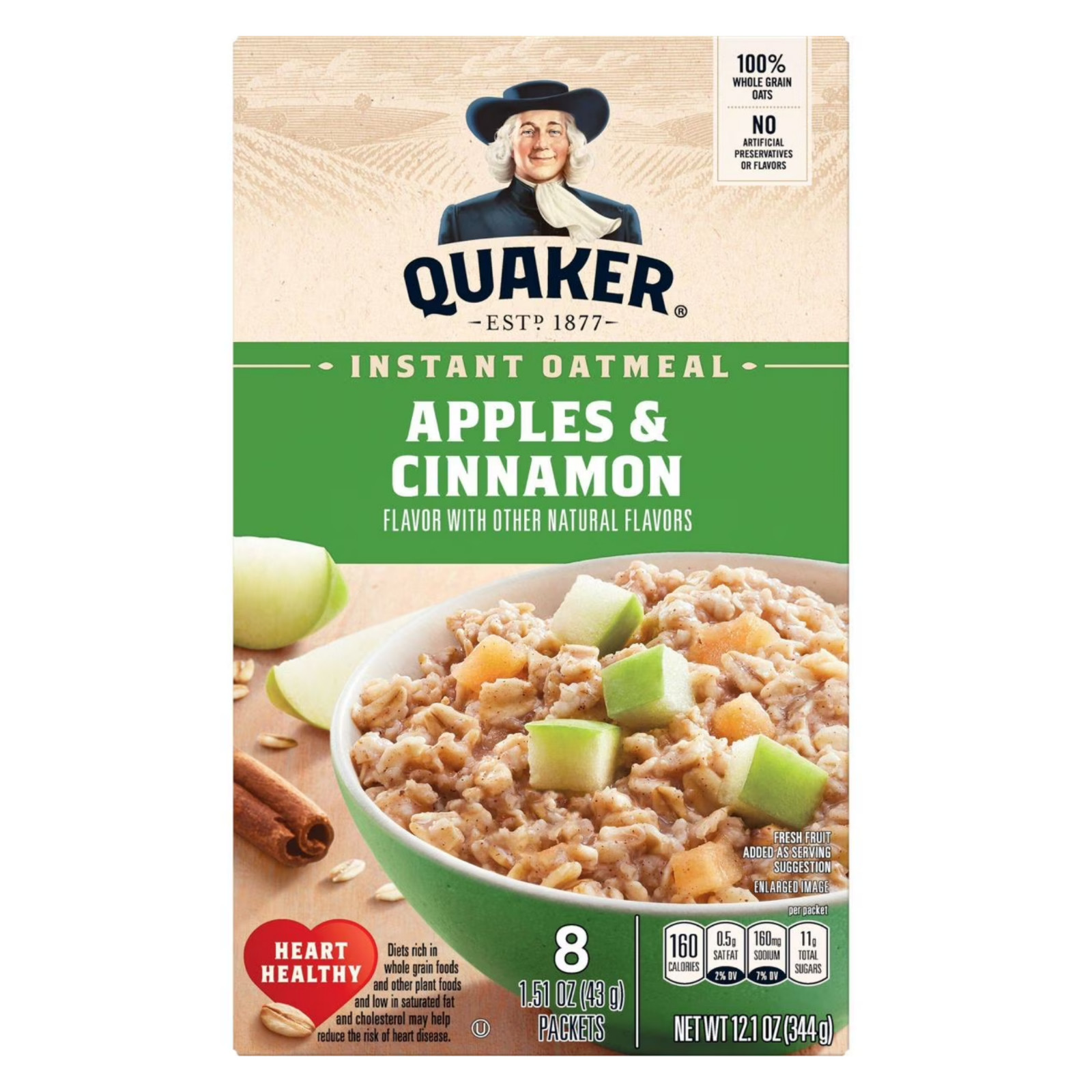 (12 pack) Quaker Instant Oatmeal, Apple and Cinnamon, 12.1 oz, 8 Packets