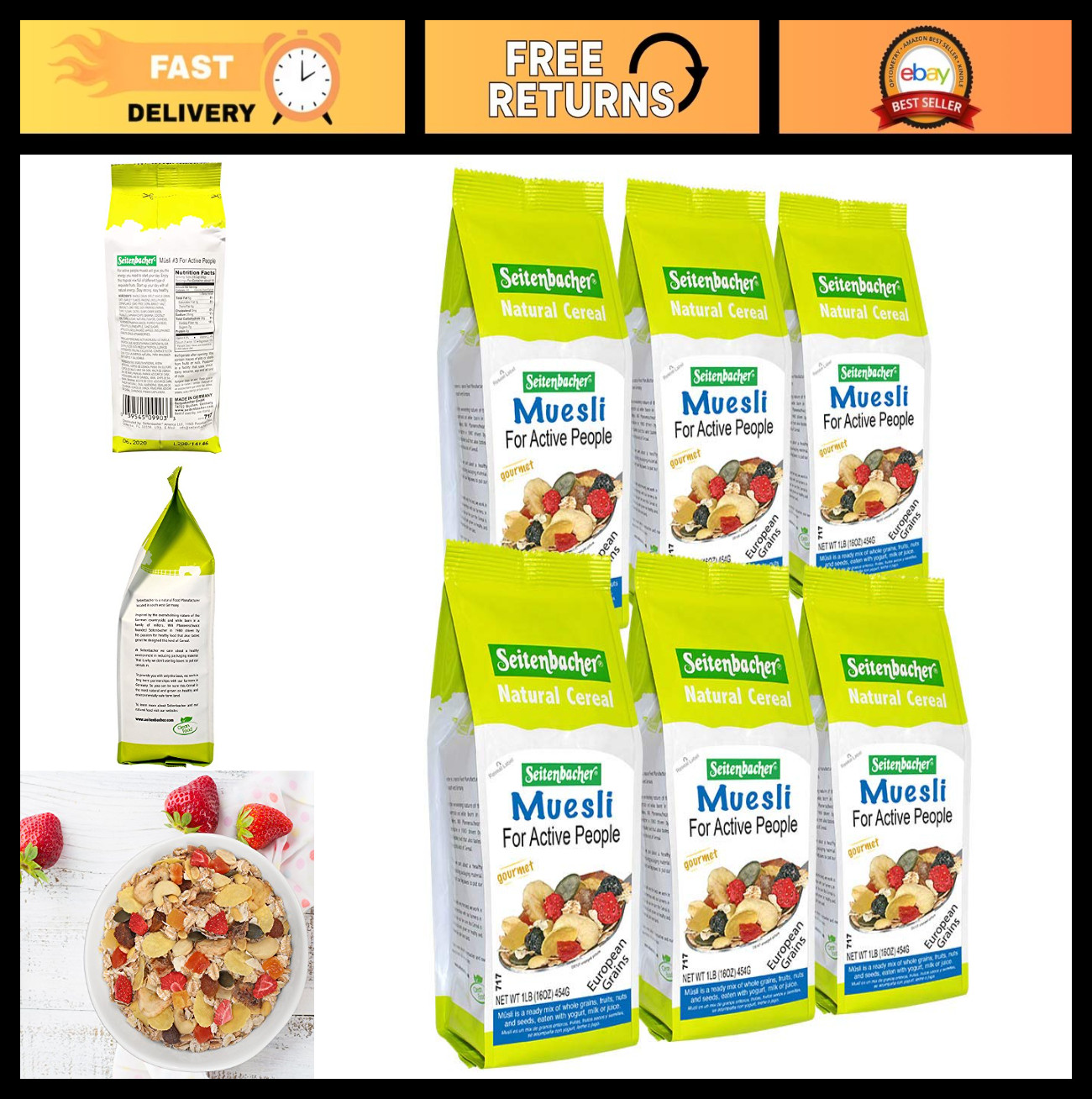 Healthy Muesli Cereal for Active Lifestyle – Fruit Mix 16oz (Pack of 6)