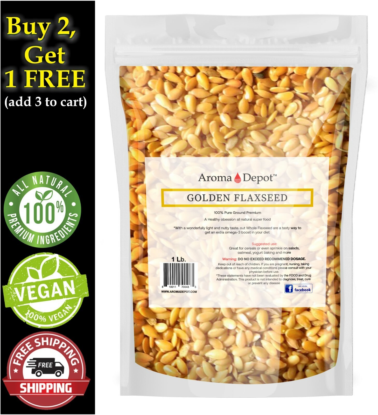 1lb. Golden Flax Seeds Whole Omega-3 Non-GMO Linaza Raw Flaxseed Kosher 1 Libra